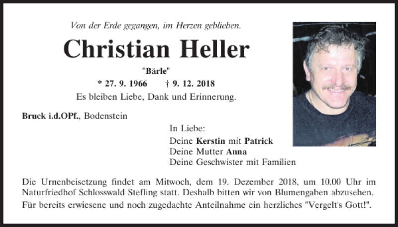  Traueranzeige für Christian Heller vom 14.12.2018 aus Mittelbayerische Zeitung Schwandorf