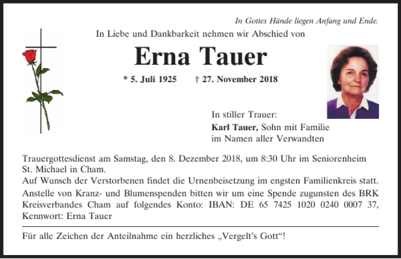  Traueranzeige für Erna Tauer vom 06.12.2018 aus Bayerwald Echo