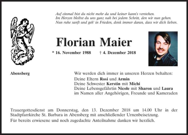  Traueranzeige für Florian Maier vom 08.12.2018 aus Mittelbayerische Zeitung Kelheim