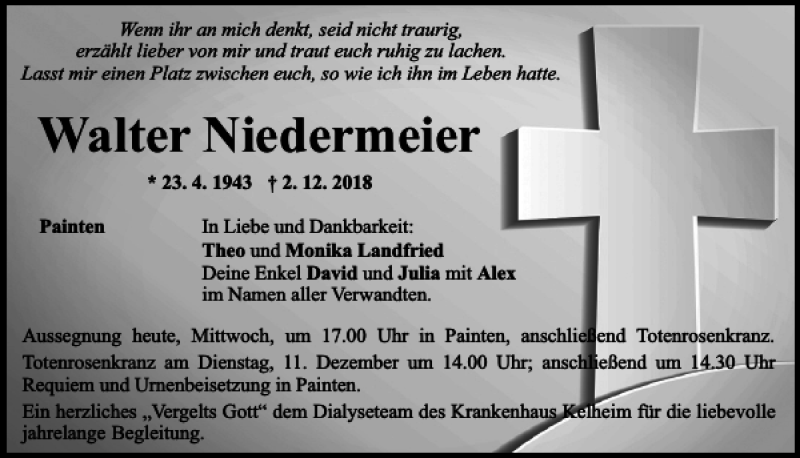  Traueranzeige für Walter Niedermeier vom 05.12.2018 aus Mittelbayerische Zeitung Kelheim