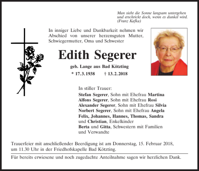 Traueranzeigen von Edith Segerer | Mittelbayerische Trauer