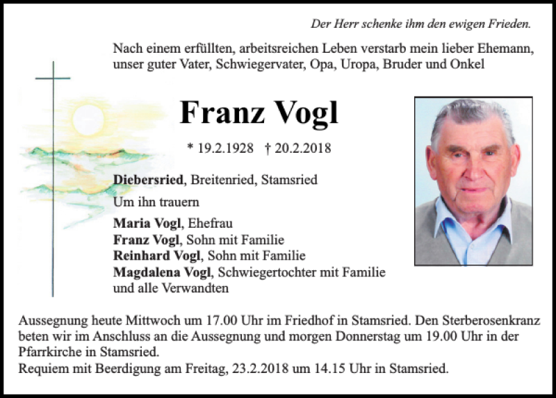 Traueranzeigen von Franz Vogl | Mittelbayerische Trauer