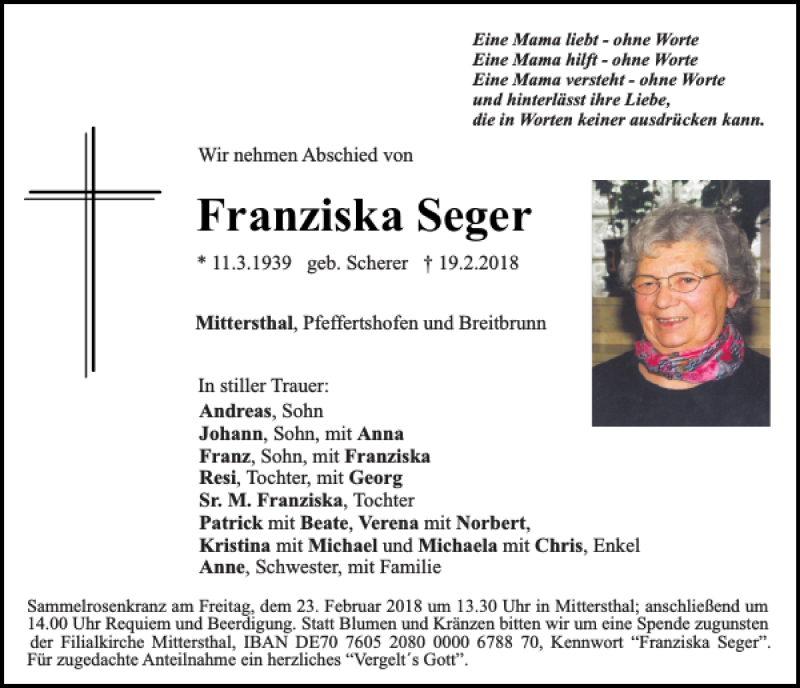Traueranzeigen von Franziska Seger | Mittelbayerische Trauer