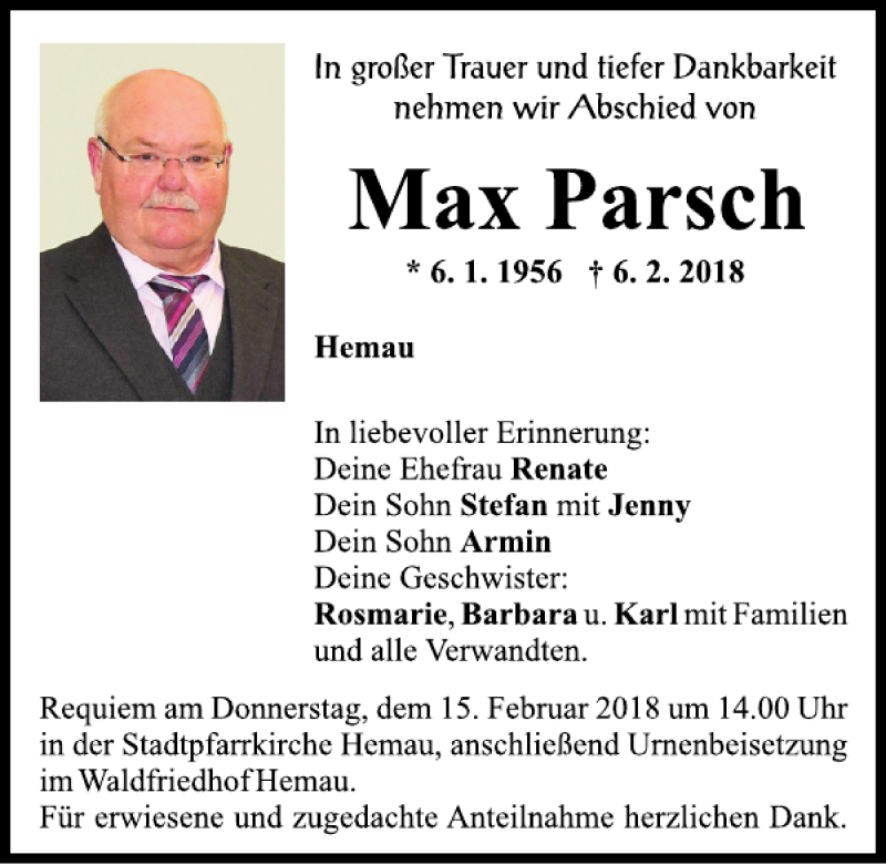  Traueranzeige für Max Parsch vom 10.02.2018 aus Mittelbayerische Zeitung Regensburg