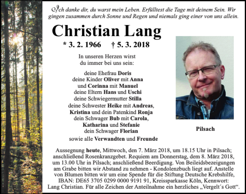  Traueranzeige für Christian Lang vom 07.03.2018 aus Neumarkter Tagblatt