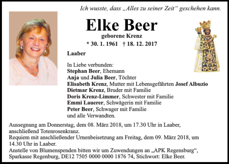  Traueranzeige für Elke Beer vom 06.03.2018 aus Mittelbayerische Zeitung Regensburg