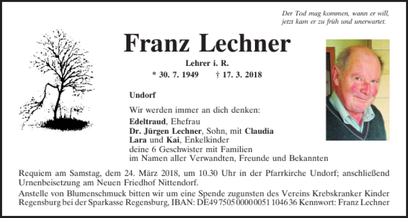  Traueranzeige für Franz Lechner vom 21.03.2018 aus Mittelbayerische Zeitung Regensburg