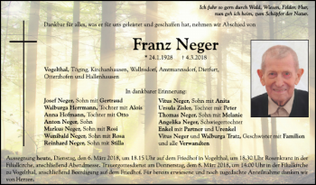 Traueranzeige von Franz Neger von Neumarkter Tagblatt