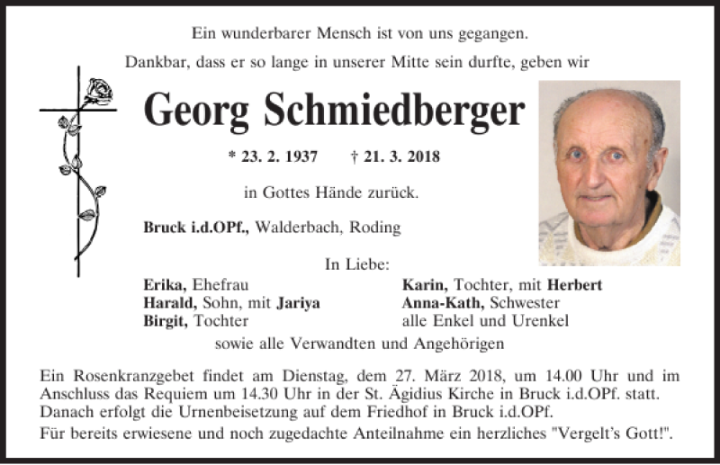  Traueranzeige für Georg Schmiedberger vom 24.03.2018 aus Mittelbayerische Zeitung Regensburg