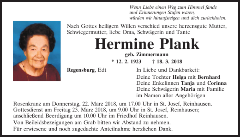  Traueranzeige für Hermine Plank vom 20.03.2018 aus Mittelbayerische Zeitung Regensburg