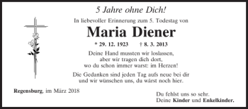 Traueranzeige von Maria Diener von Mittelbayerische Zeitung Regensburg