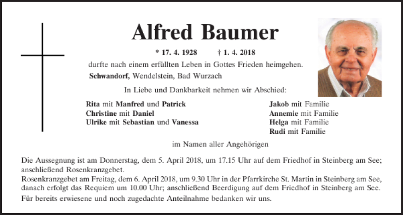 Traueranzeigen von Alfred Baumer | Mittelbayerische Trauer