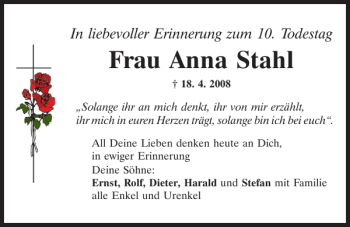 Traueranzeige von Anna Stahl von Mittelbayerische Zeitung Regensburg