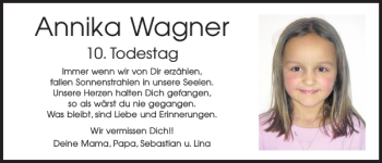 Traueranzeige von Annika Wagner von Mittelbayerische Zeitung Regensburg
