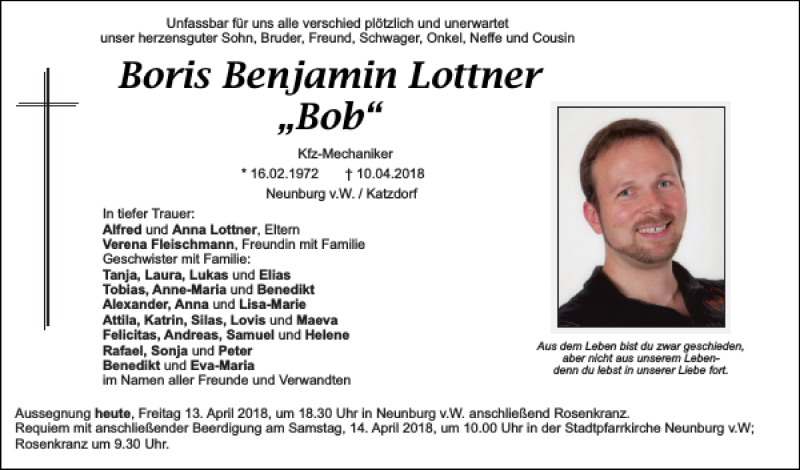  Traueranzeige für Boris Lottner vom 13.04.2018 aus Mittelbayerische Zeitung Schwandorf