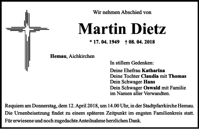  Traueranzeige für Martin Dietz vom 11.04.2018 aus Mittelbayerische Zeitung Regensburg