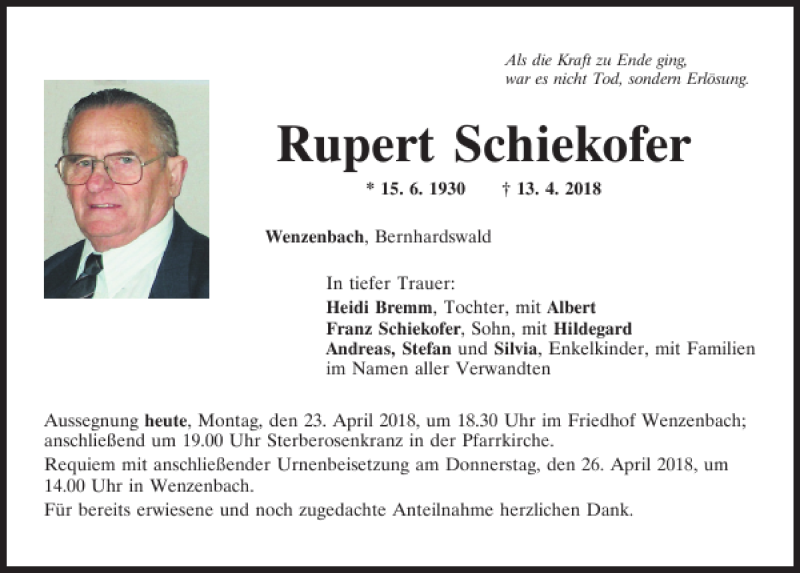  Traueranzeige für Rupert Schiekofer vom 23.04.2018 aus Mittelbayerische Zeitung Regensburg