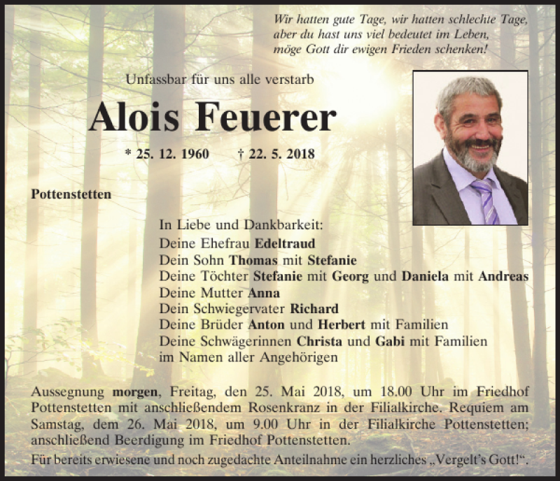  Traueranzeige für Alois Feuerer vom 24.05.2018 aus Mittelbayerische Zeitung Schwandorf