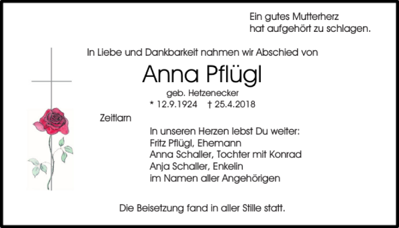  Traueranzeige für Anna Pflügl vom 05.05.2018 aus Mittelbayerische Zeitung Regensburg