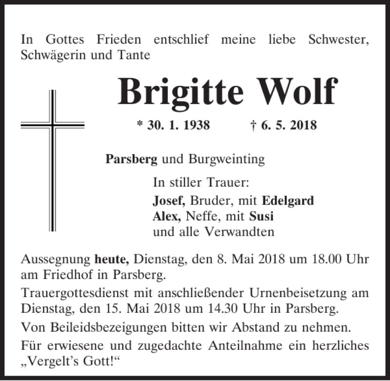  Traueranzeige für Brigitte Wolf vom 08.05.2018 aus Neumarkter Tagblatt