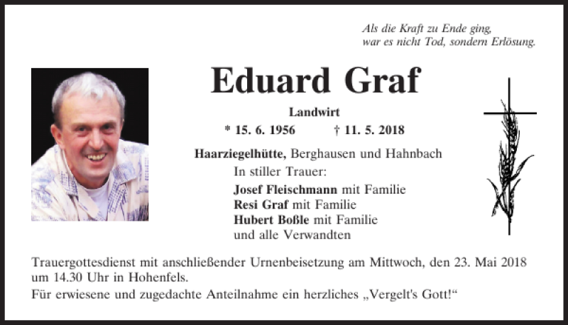  Traueranzeige für Eduard Graf vom 19.05.2018 aus Neumarkter Tagblatt