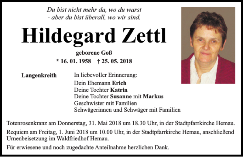  Traueranzeige für Hildegard Zettl vom 29.05.2018 aus Mittelbayerische Zeitung Regensburg