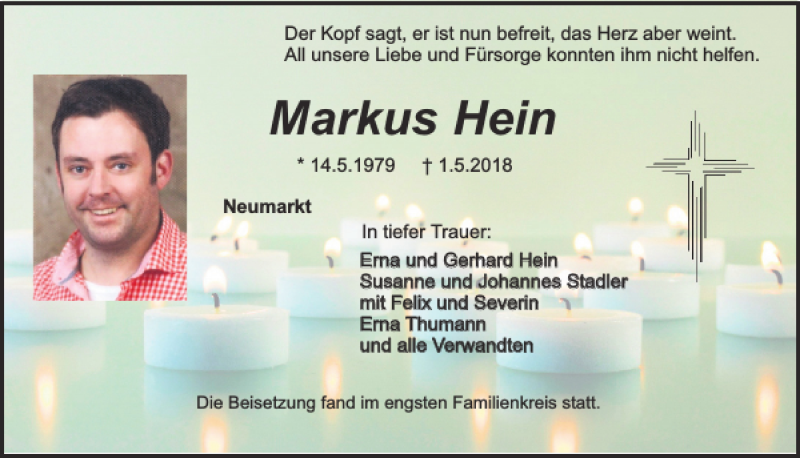  Traueranzeige für Markus Hein vom 16.05.2018 aus Neumarkter Tagblatt