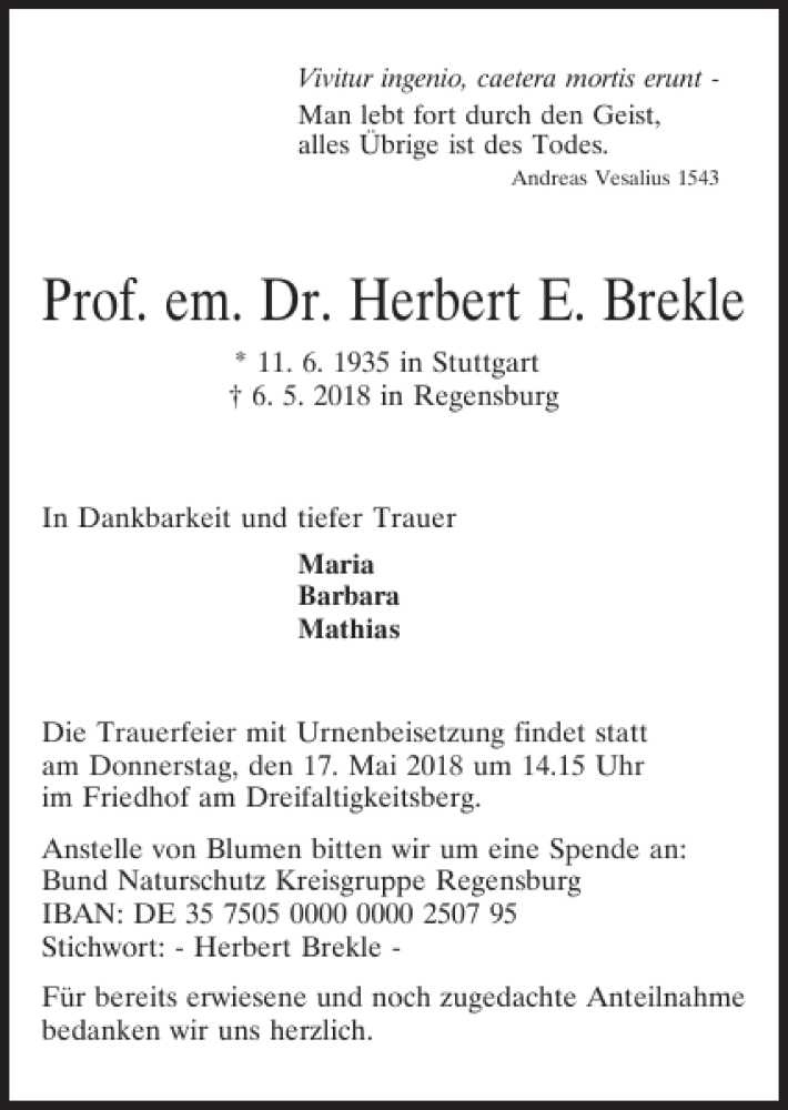  Traueranzeige für Prof. em. Dr. Herbert E. Brekle  vom 12.05.2018 aus Mittelbayerische Zeitung Regensburg