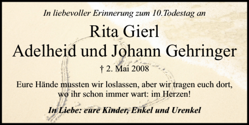  Traueranzeige für Rita Gierl Adelheid und Johann Gehringer  vom 02.05.2018 aus Mittelbayerische Zeitung Regensburg