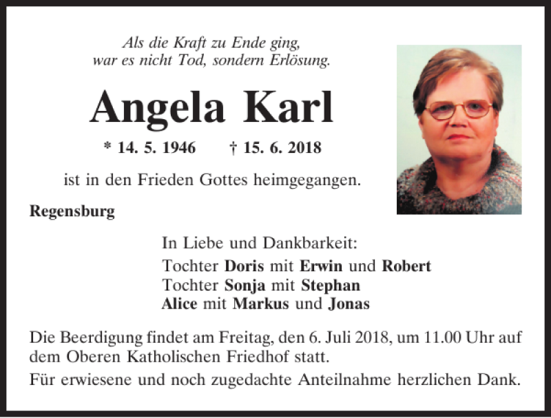  Traueranzeige für Angela Karl vom 30.06.2018 aus Mittelbayerische Zeitung Regensburg