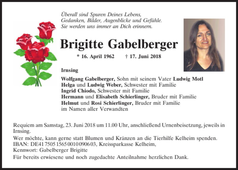  Traueranzeige für Brigitte Gabelberger vom 21.06.2018 aus Mittelbayerische Zeitung Kelheim