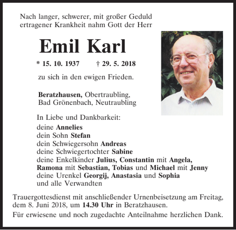  Traueranzeige für Emil Karl vom 05.06.2018 aus Mittelbayerische Zeitung Regensburg