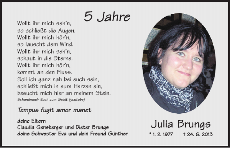  Traueranzeige für Julia Brungs vom 23.06.2018 aus Mittelbayerische Zeitung Regensburg
