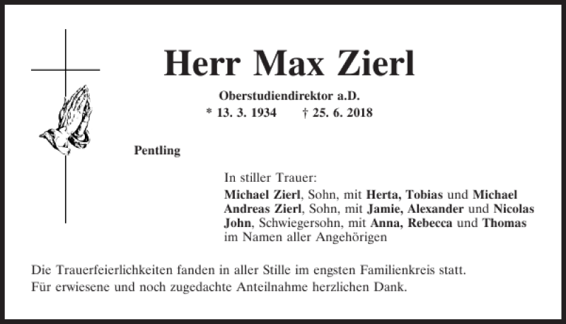  Traueranzeige für Max Zierl vom 30.06.2018 aus Mittelbayerische Zeitung Regensburg