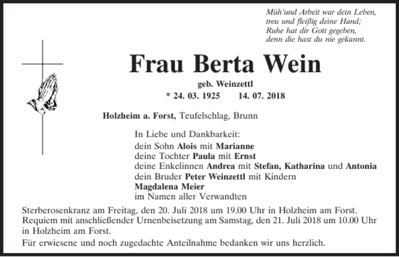  Traueranzeige für Berta Wein vom 19.07.2018 aus Mittelbayerische Zeitung Regensburg