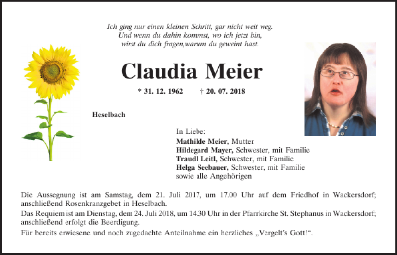  Traueranzeige für Claudia Meier vom 21.07.2018 aus Mittelbayerische Zeitung Schwandorf