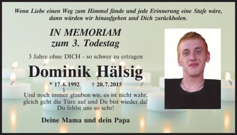  Traueranzeige für Dominik Hälsig vom 20.07.2018 aus Mittelbayerische Zeitung Schwandorf