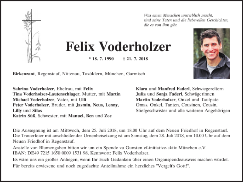  Traueranzeige für Felix Voderholzer vom 24.07.2018 aus Mittelbayerische Zeitung Schwandorf