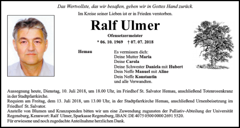  Traueranzeige für Ralf Ulmer vom 10.07.2018 aus Mittelbayerische Zeitung Regensburg