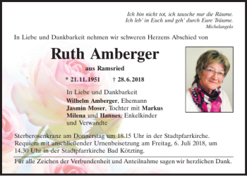 Traueranzeige von Ramsried Ruth Amberger von Bayerwald Echo