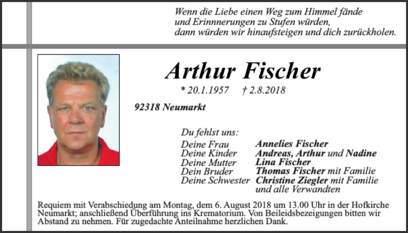  Traueranzeige für Arthur Fischer vom 04.08.2018 aus Neumarkter Tagblatt