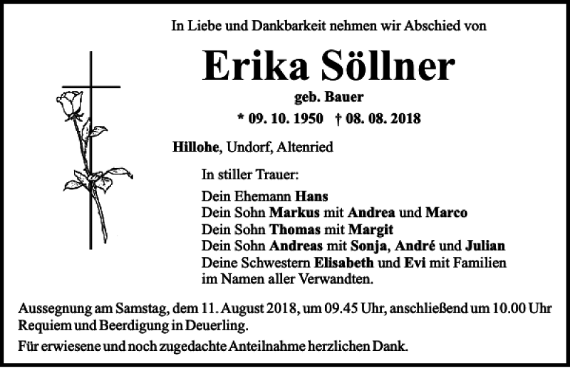  Traueranzeige für Erika Söllner vom 10.08.2018 aus Mittelbayerische Zeitung Regensburg