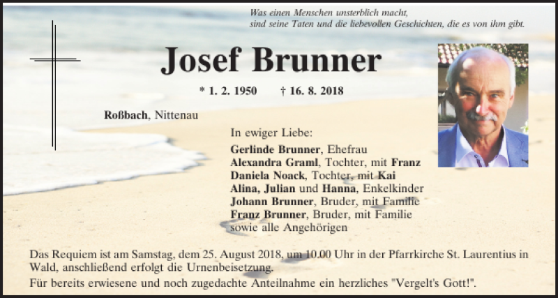  Traueranzeige für Josef Brunner vom 23.08.2018 aus Mittelbayerische Zeitung Regensburg