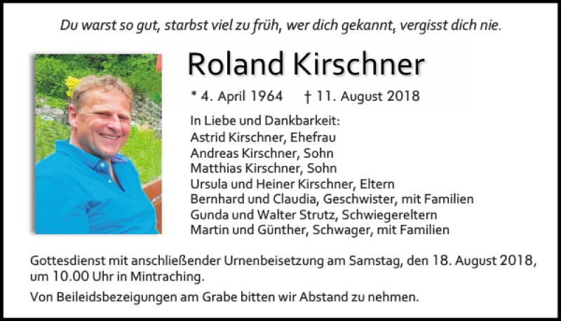  Traueranzeige für Roland Kirschner vom 14.08.2018 aus Mittelbayerische Zeitung Regensburg