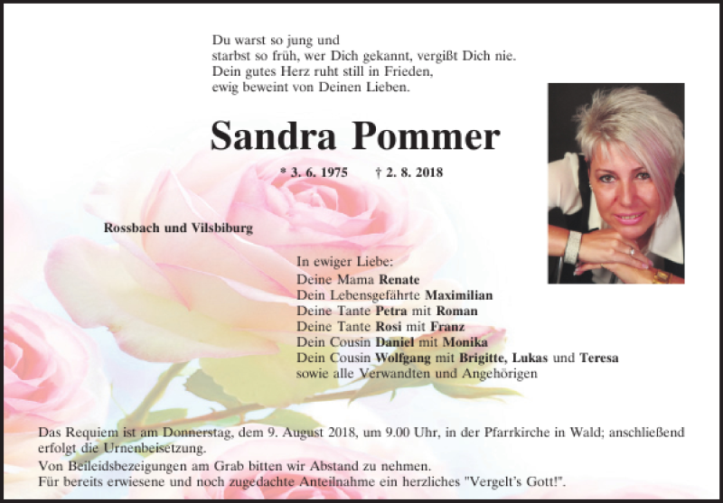 Traueranzeige für Sandra Pommer vom 04.08.2018 aus Mittelbayerische Zeitung Regensburg