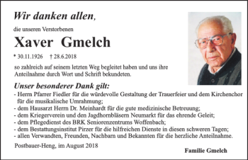 Traueranzeige von Xaver Gmelch von Neumarkter Tagblatt