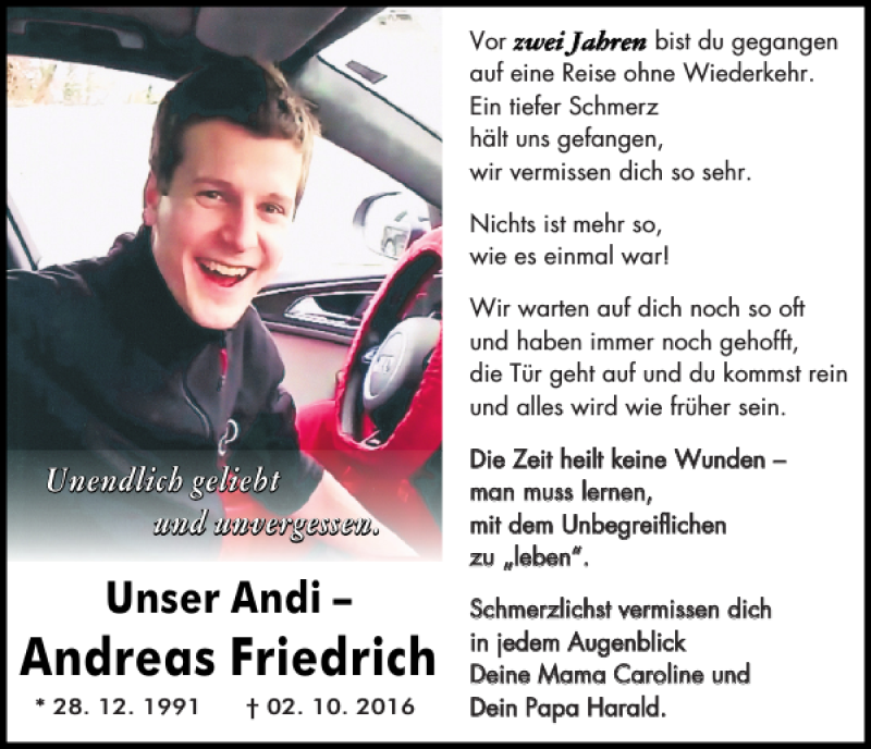  Traueranzeige für Andreas Friedrich vom 29.09.2018 aus Mittelbayerische Zeitung Regensburg