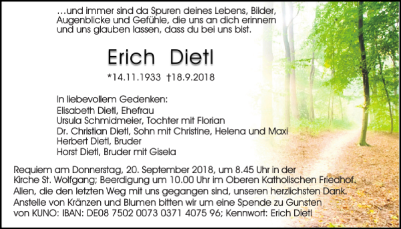  Traueranzeige für Erich Dietl vom 19.09.2018 aus Mittelbayerische Zeitung Regensburg