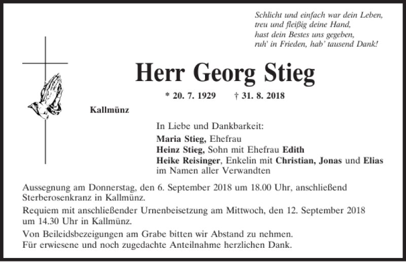  Traueranzeige für Georg Stieg vom 05.09.2018 aus Mittelbayerische Zeitung Regensburg