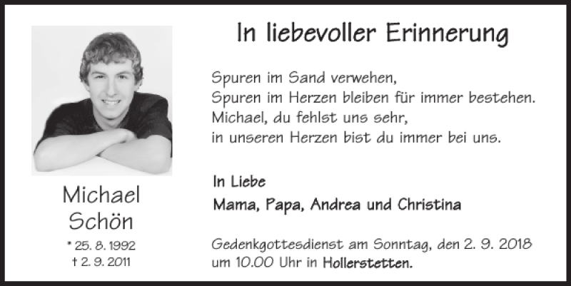  Traueranzeige für Michael Schön vom 01.09.2018 aus Neumarkter Tagblatt